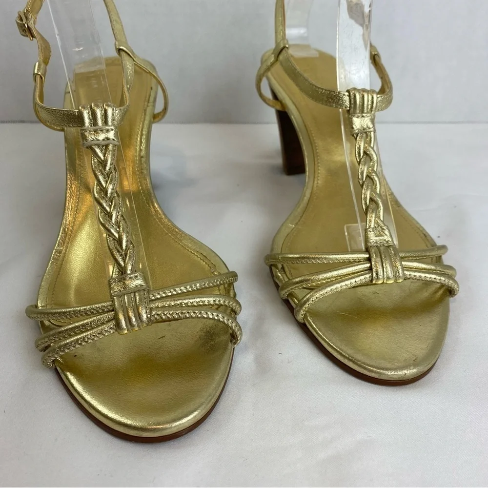 J. Crew “Paige” Metallic Gold Strppy Leather Braided Chunky Heel